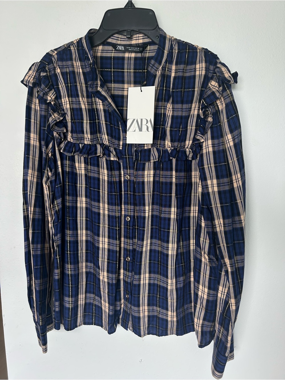 Zara Blue and Beige Plaid Ruffle Front Shirt